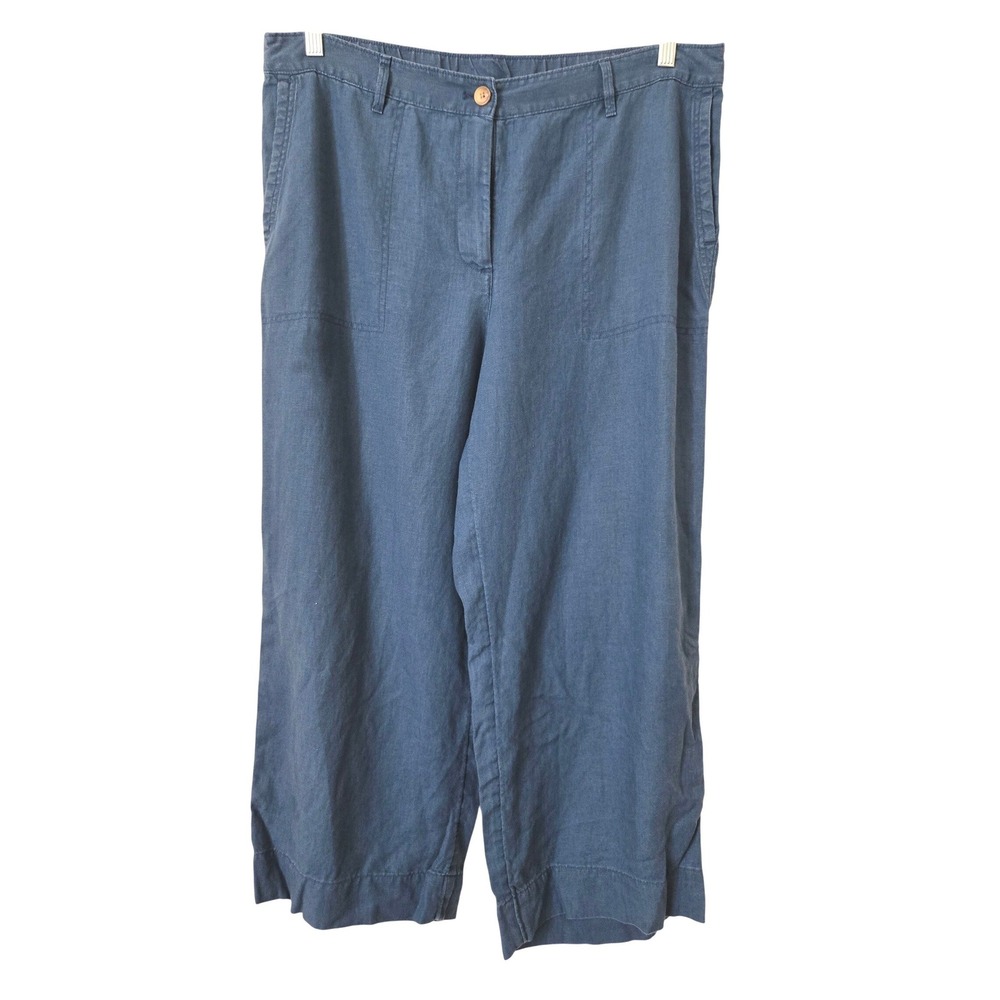 J.Jill Womens Large Pants Blue 100% Linen Wide Leg Cropped Elastic Back Pockets